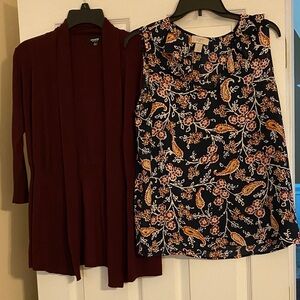 LOFT Navy Floral Sleeveless Top and Maroon Cardigan